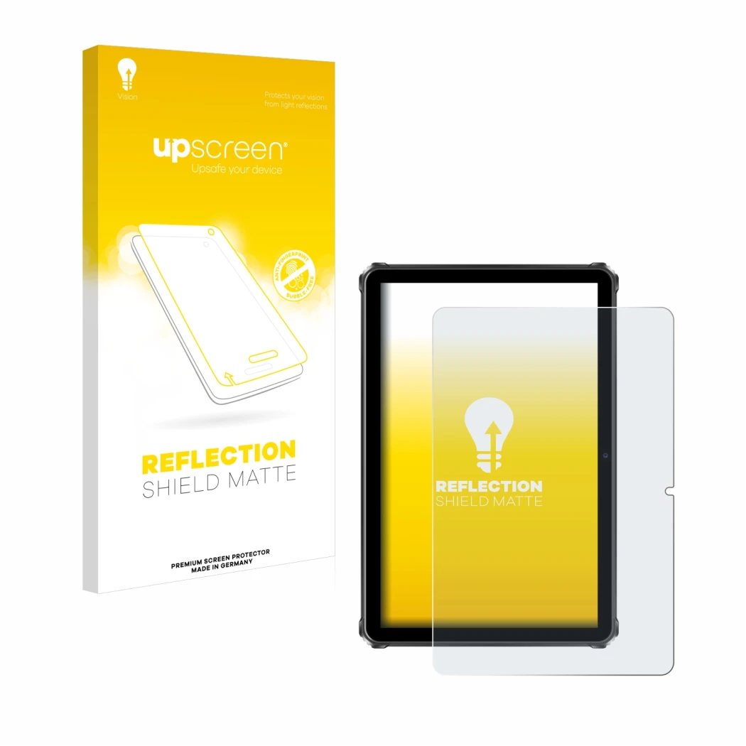 Face avant d’un emballage produit avec le logo de la marque upscreen. À côté, l’appareil Oukitel RT9 est représenté avec la pr