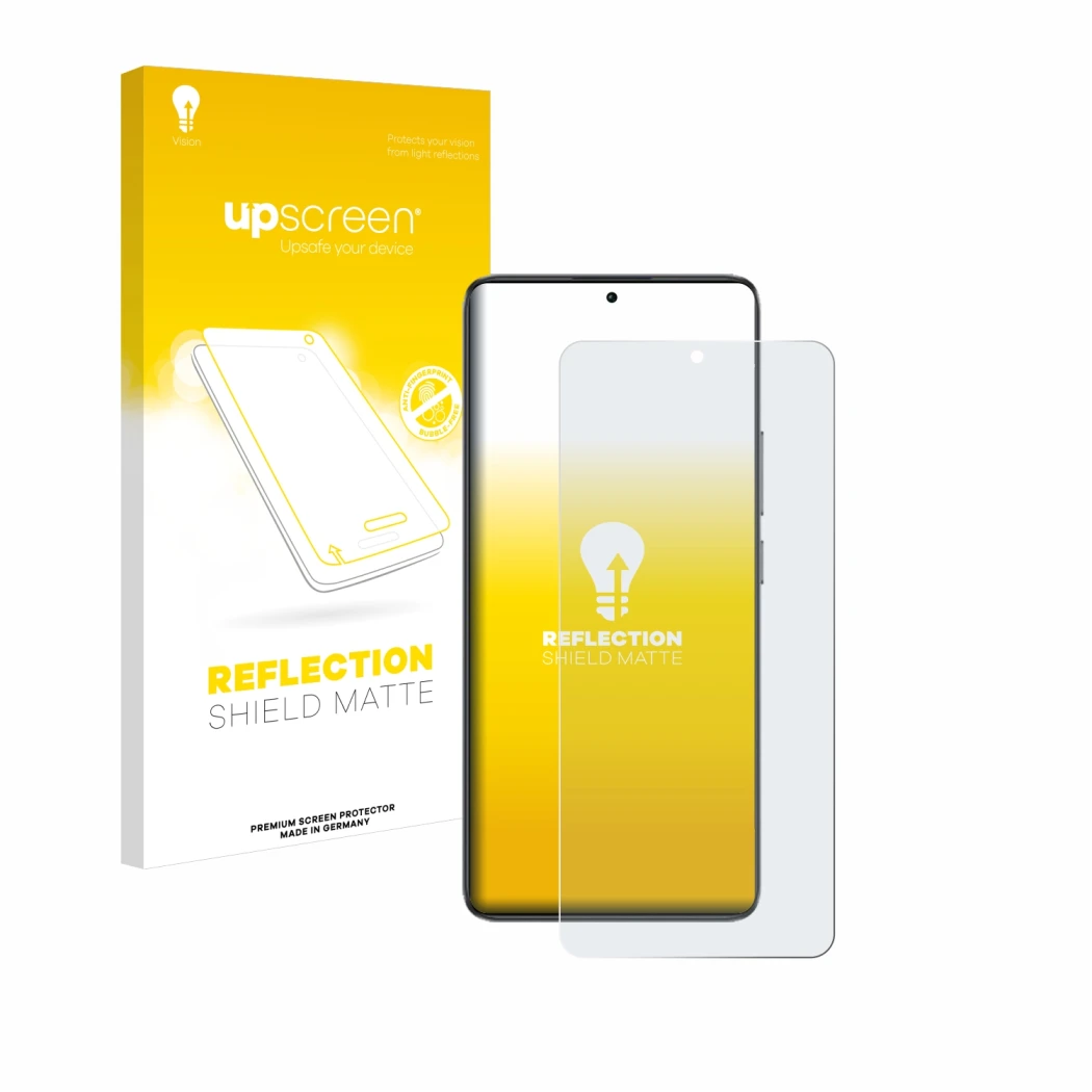 Face avant d’un emballage produit avec le logo de la marque upscreen. À côté, l’appareil Xiaomi Poco F7 Pro est représenté ave