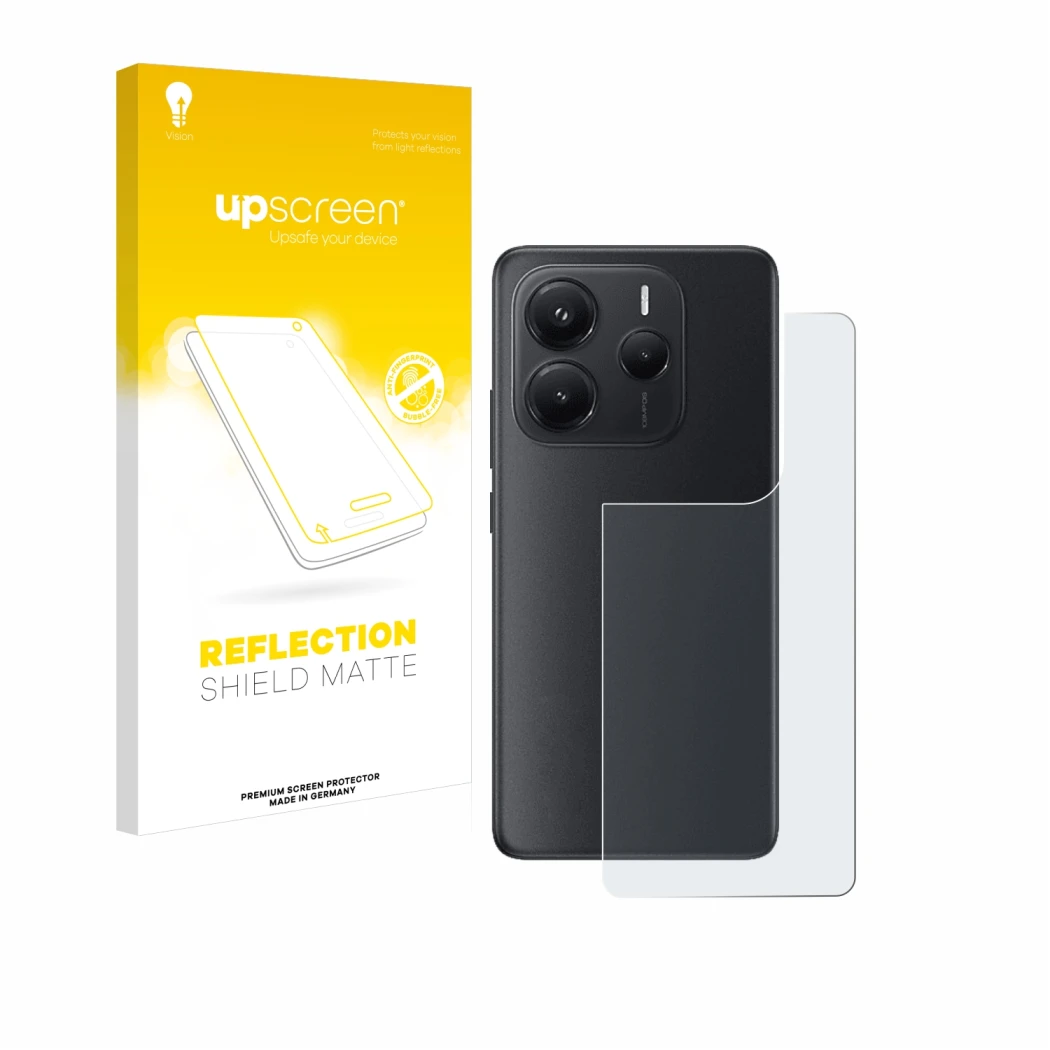 Face avant d’un emballage produit avec le logo de la marque upscreen. À côté, l’appareil Xiaomi Redmi Note 14 (Arrière) est re