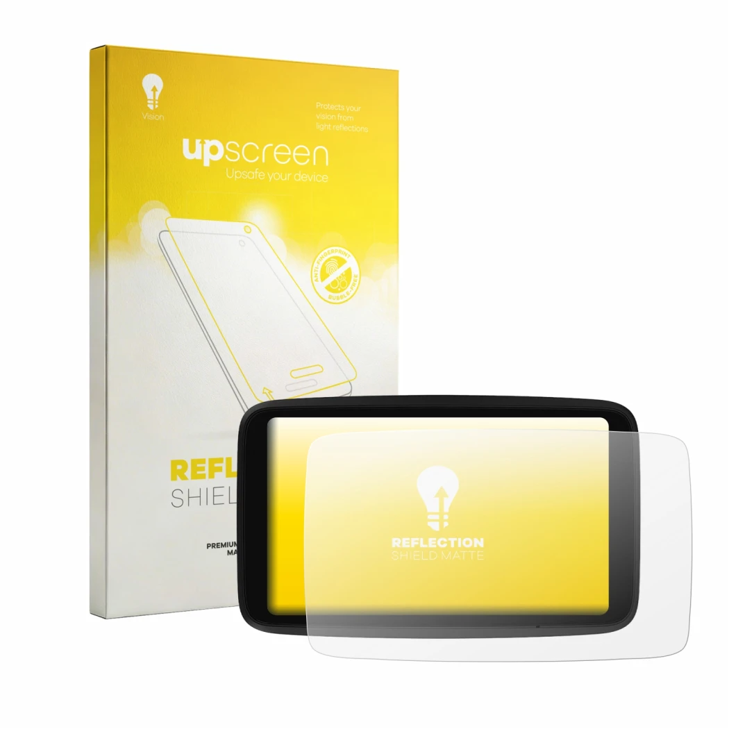 Face avant d’un emballage produit avec le logo de la marque upscreen. À côté, l’appareil TomTom GO Advanced est représenté ave