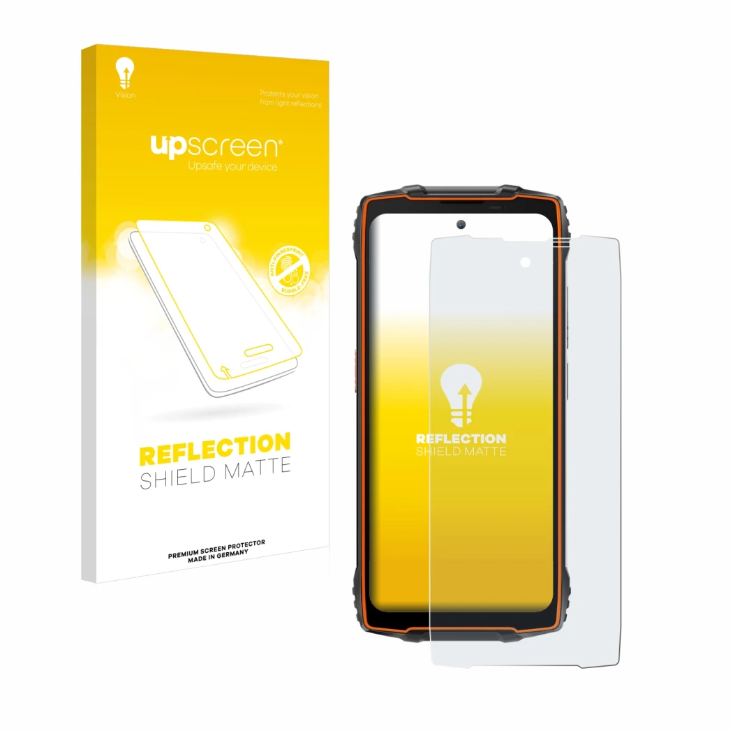 Face avant d’un emballage produit avec le logo de la marque upscreen. À côté, l’appareil Blackview BV8200 est représenté avec