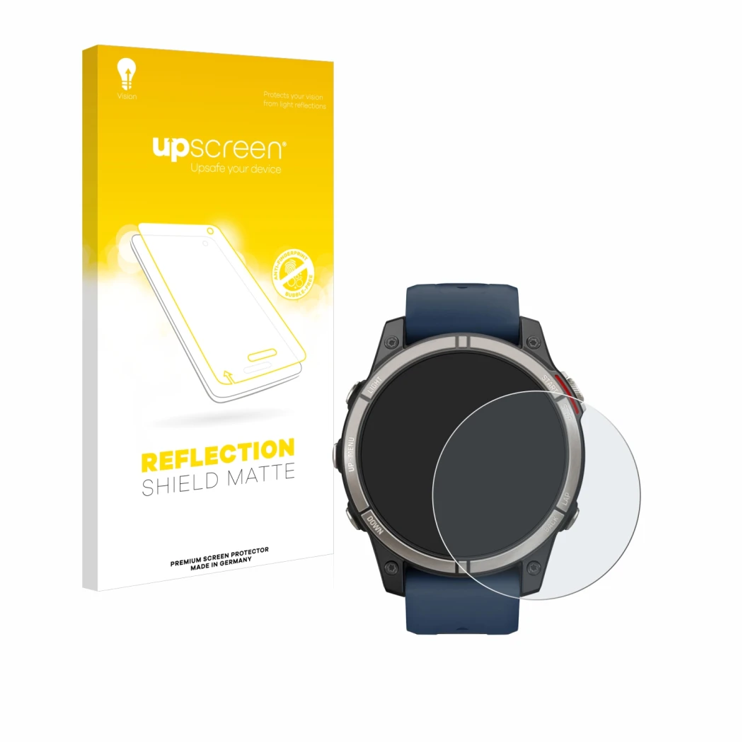 Face avant d’un emballage produit avec le logo de la marque upscreen. À côté, l’appareil Garmin quatix 7 Pro est représenté av