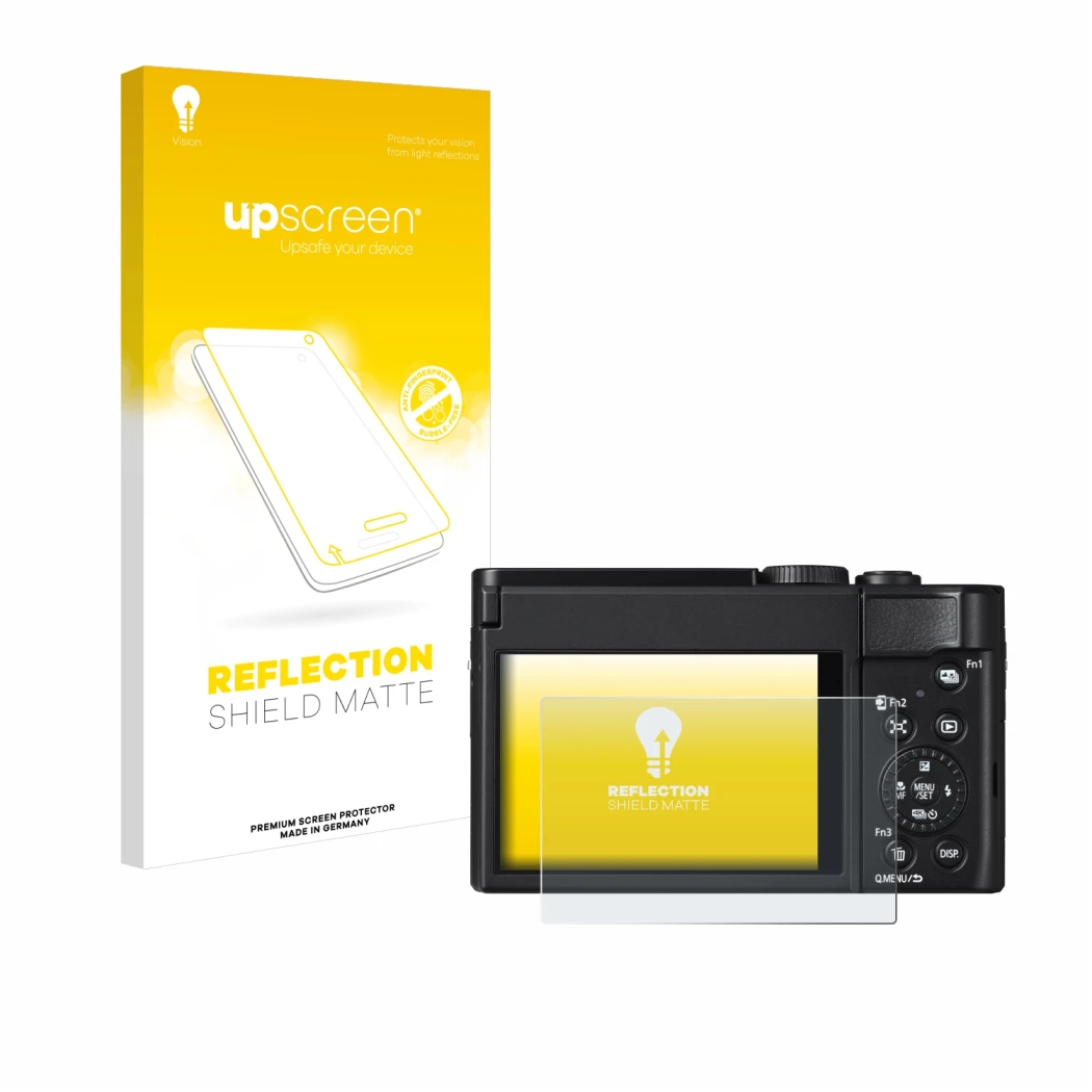 Face avant d’un emballage produit avec le logo de la marque upscreen. À côté, l’appareil Panasonic Lumix DC-TZ99 est représent