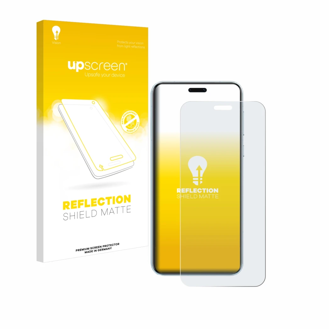 Face avant d’un emballage produit avec le logo de la marque upscreen. À côté, l’appareil Honor Magic 7 RSR Porsche Design est 