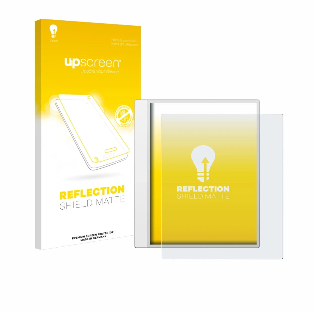Face avant d’un emballage produit avec le logo de la marque upscreen. À côté, l’appareil Boox Note Max est représenté avec la