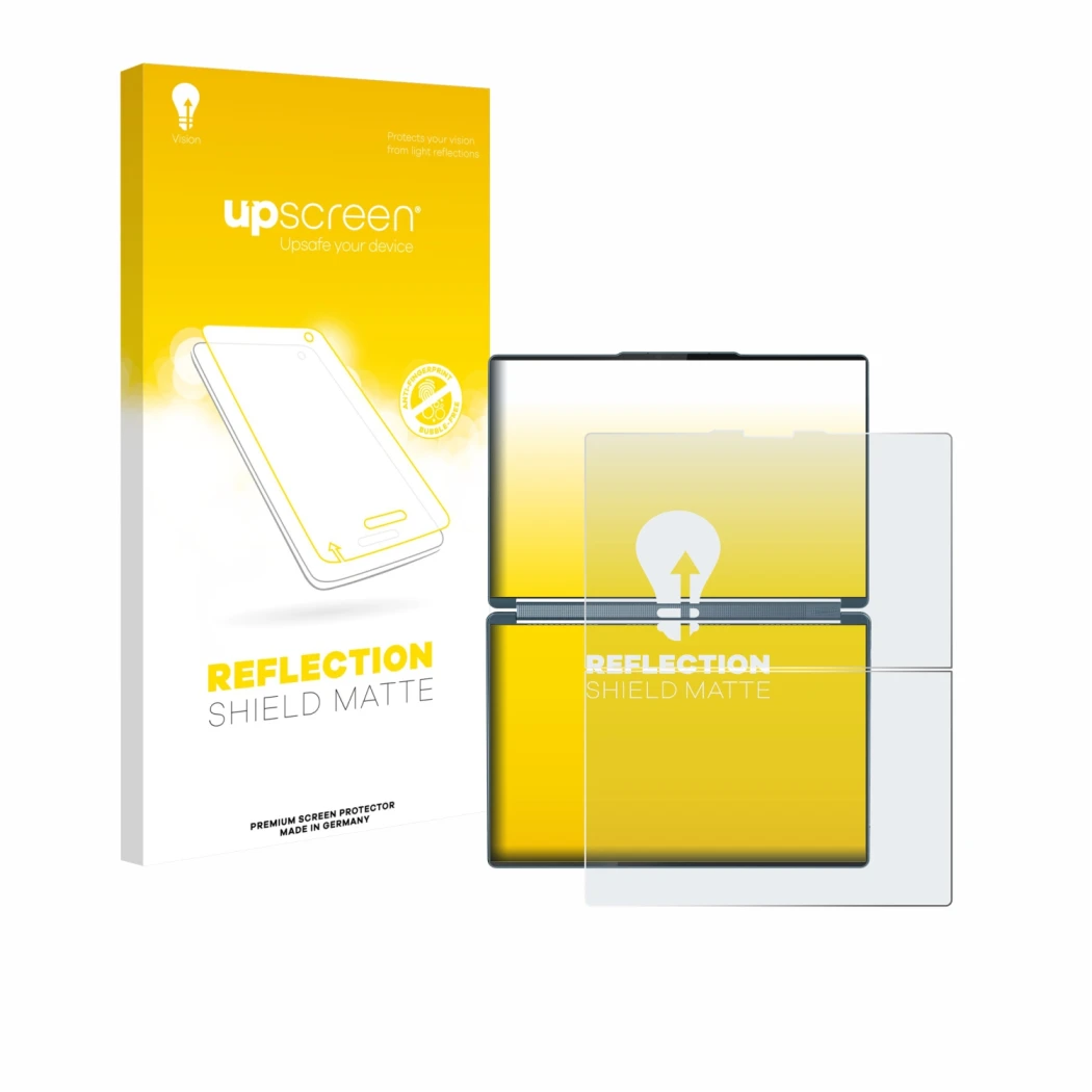 Face avant d’un emballage produit avec le logo de la marque upscreen. À côté, l’appareil Lenovo Yoga Book 9i Gen 10 est représ