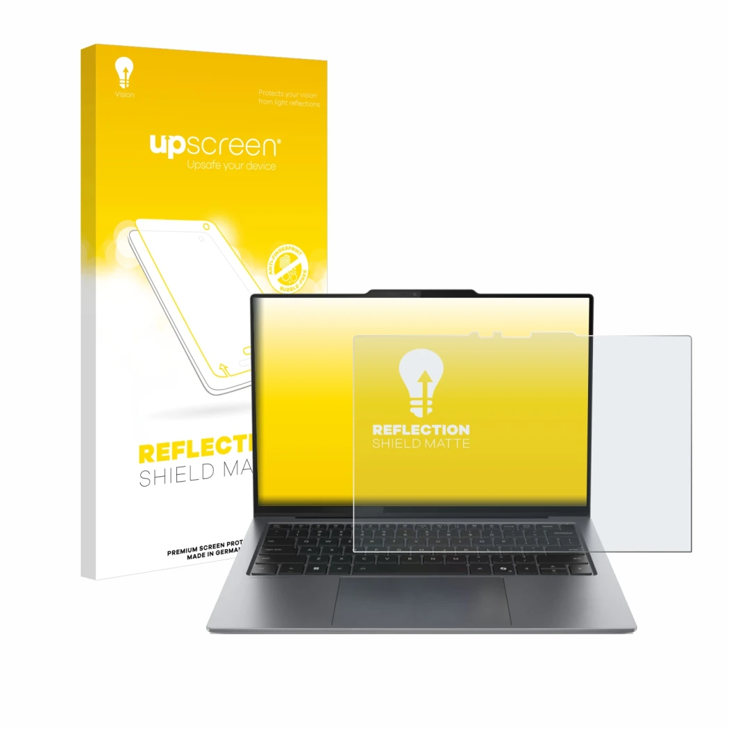 Face avant d’un emballage produit avec le logo de la marque upscreen. À côté, l’appareil Lenovo ThinkPad X9 15 Aura Edition 15