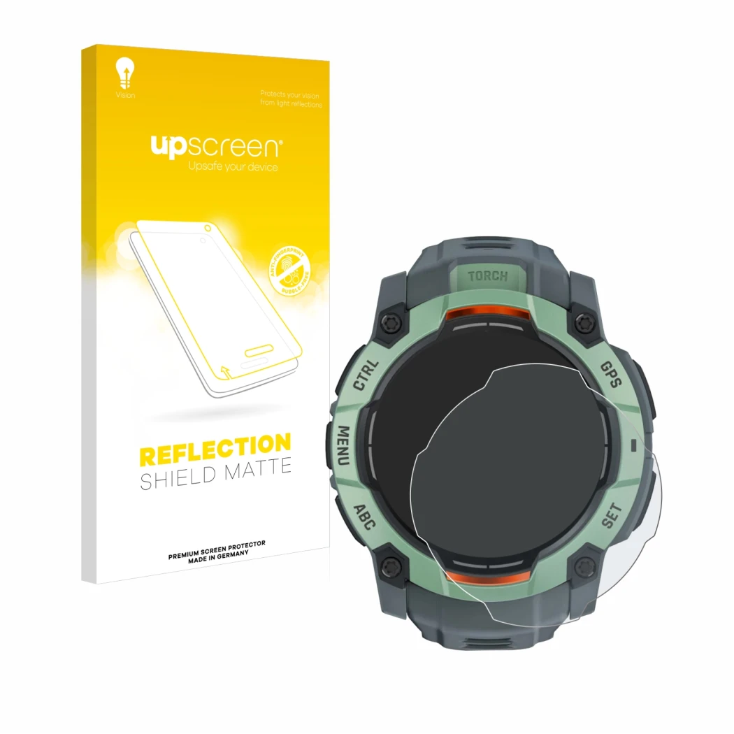 Face avant d’un emballage produit avec le logo de la marque upscreen. À côté, l’appareil Garmin Instinct 3 AMOLED (45 mm) est 
