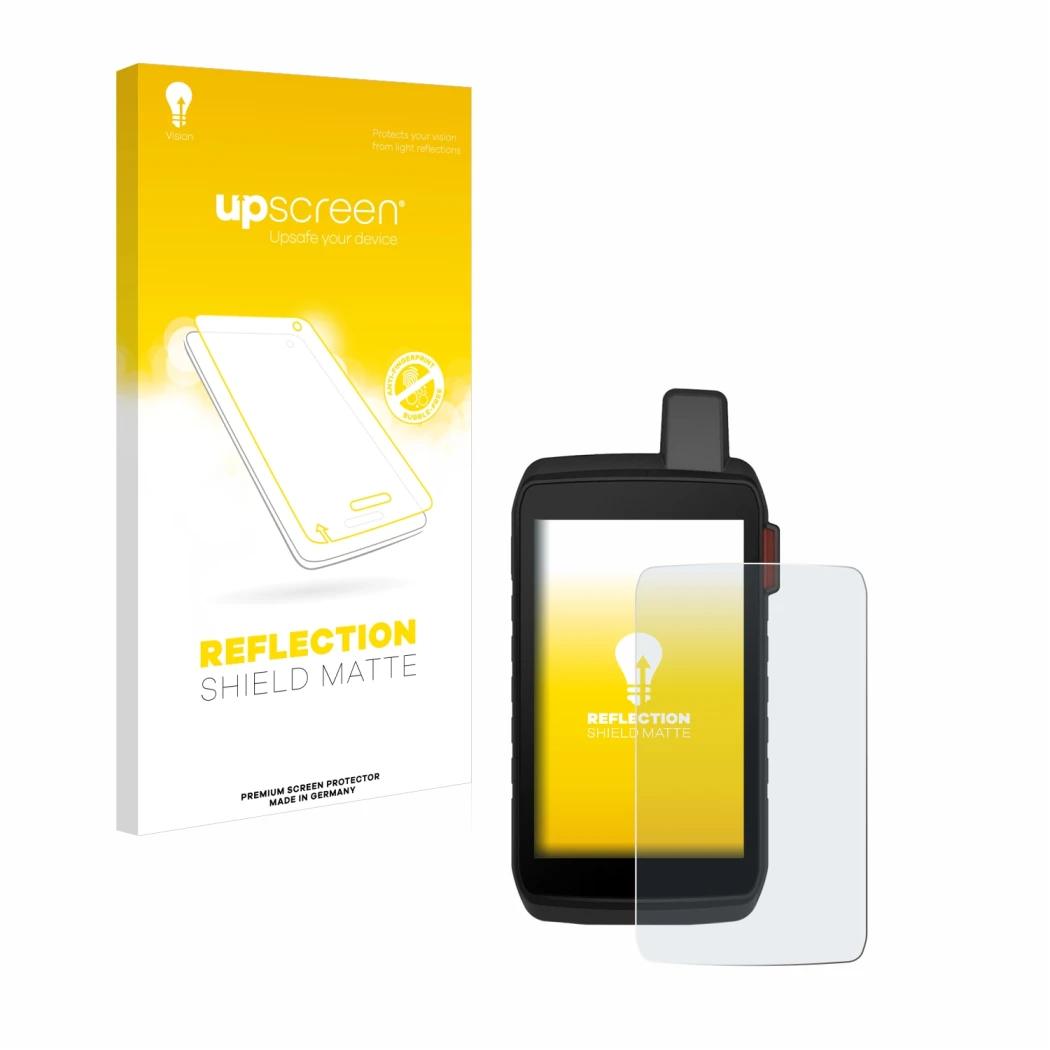 Face avant d’un emballage produit avec le logo de la marque upscreen. À côté, l’appareil Garmin Montana 710i est représenté av
