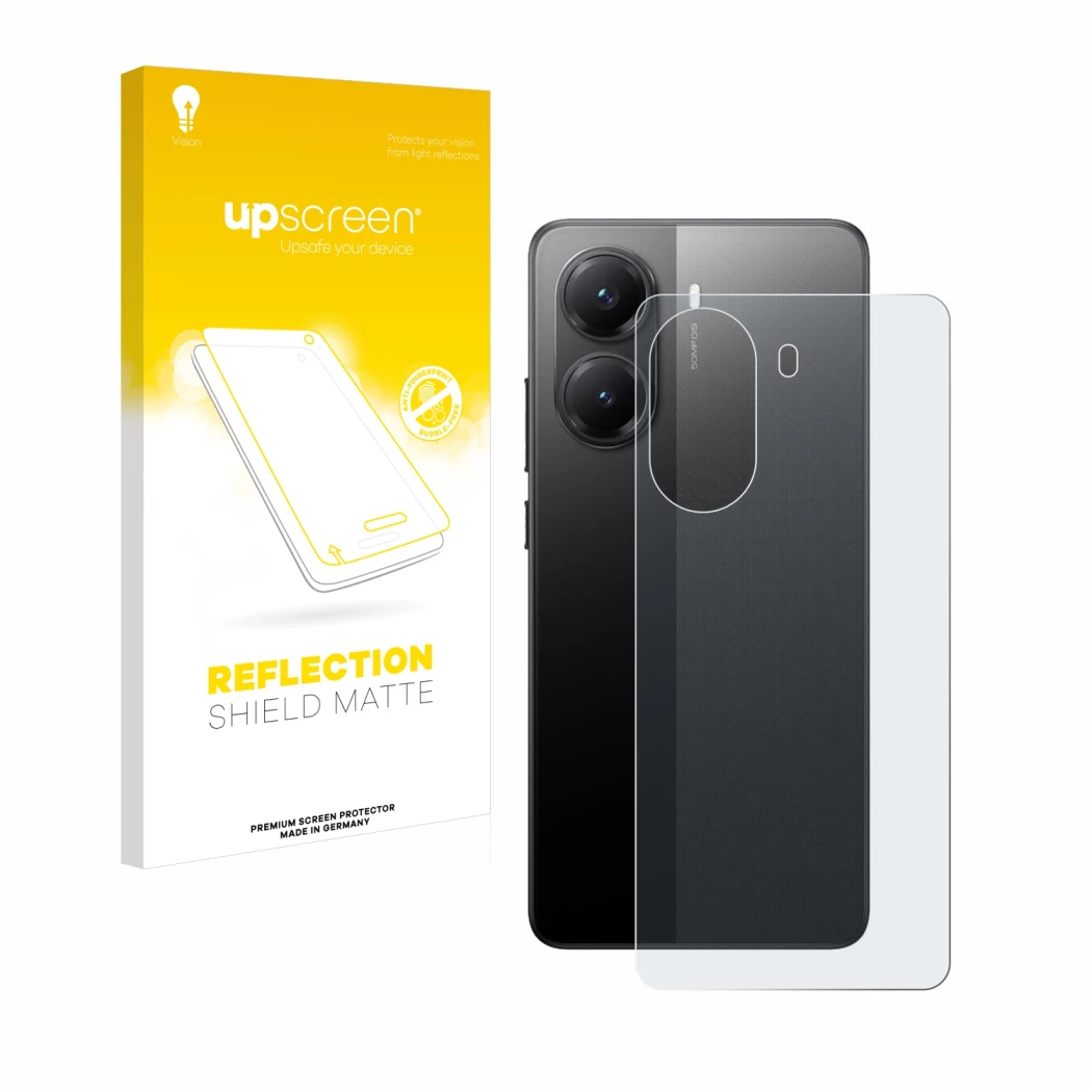 Face avant d’un emballage produit avec le logo de la marque upscreen. À côté, l’appareil Xiaomi Poco X7 Pro (Arrière) est repr