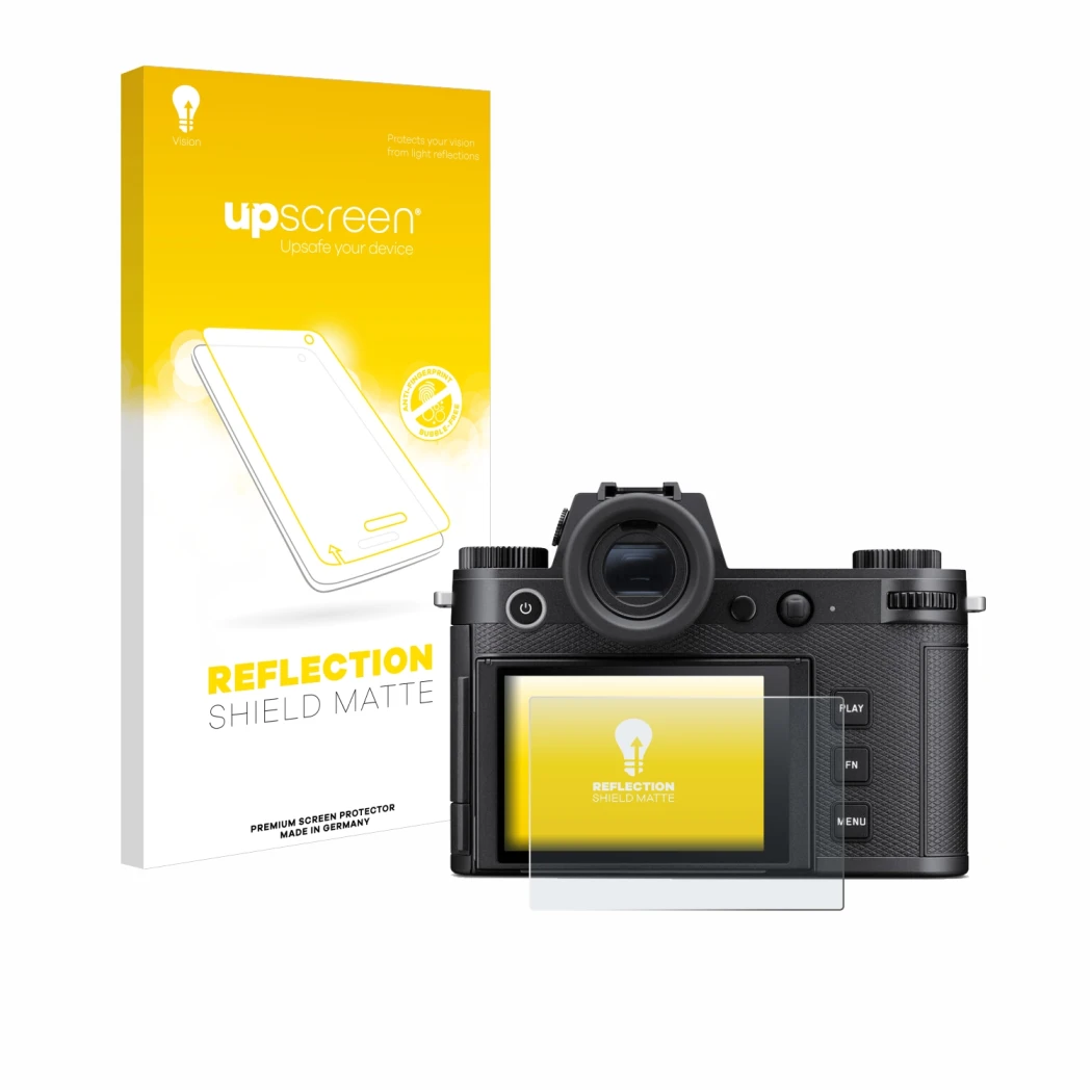 Face avant d’un emballage produit avec le logo de la marque upscreen. À côté, l’appareil Leica SL3-S est représenté avec la pr