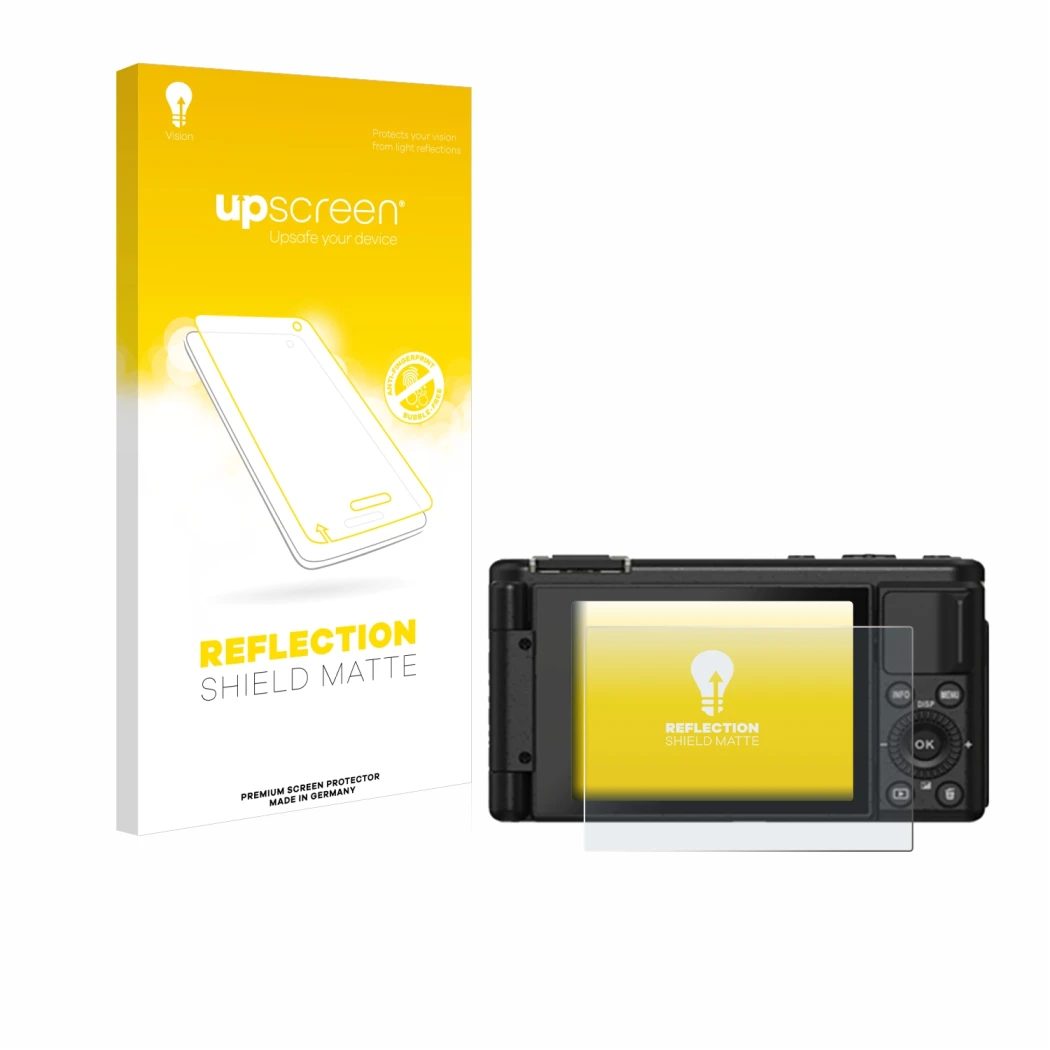 Face avant d’un emballage produit avec le logo de la marque upscreen. À côté, l’appareil Yashica City 200 est représenté avec