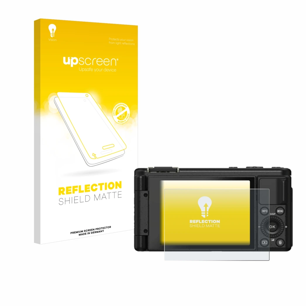 Face avant d’un emballage produit avec le logo de la marque upscreen. À côté, l’appareil Yashica City 100 est représenté avec