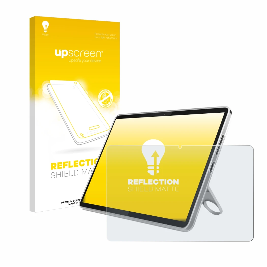 Face avant d’un emballage produit avec le logo de la marque upscreen. À côté, l’appareil Lenovo Tab 10.1