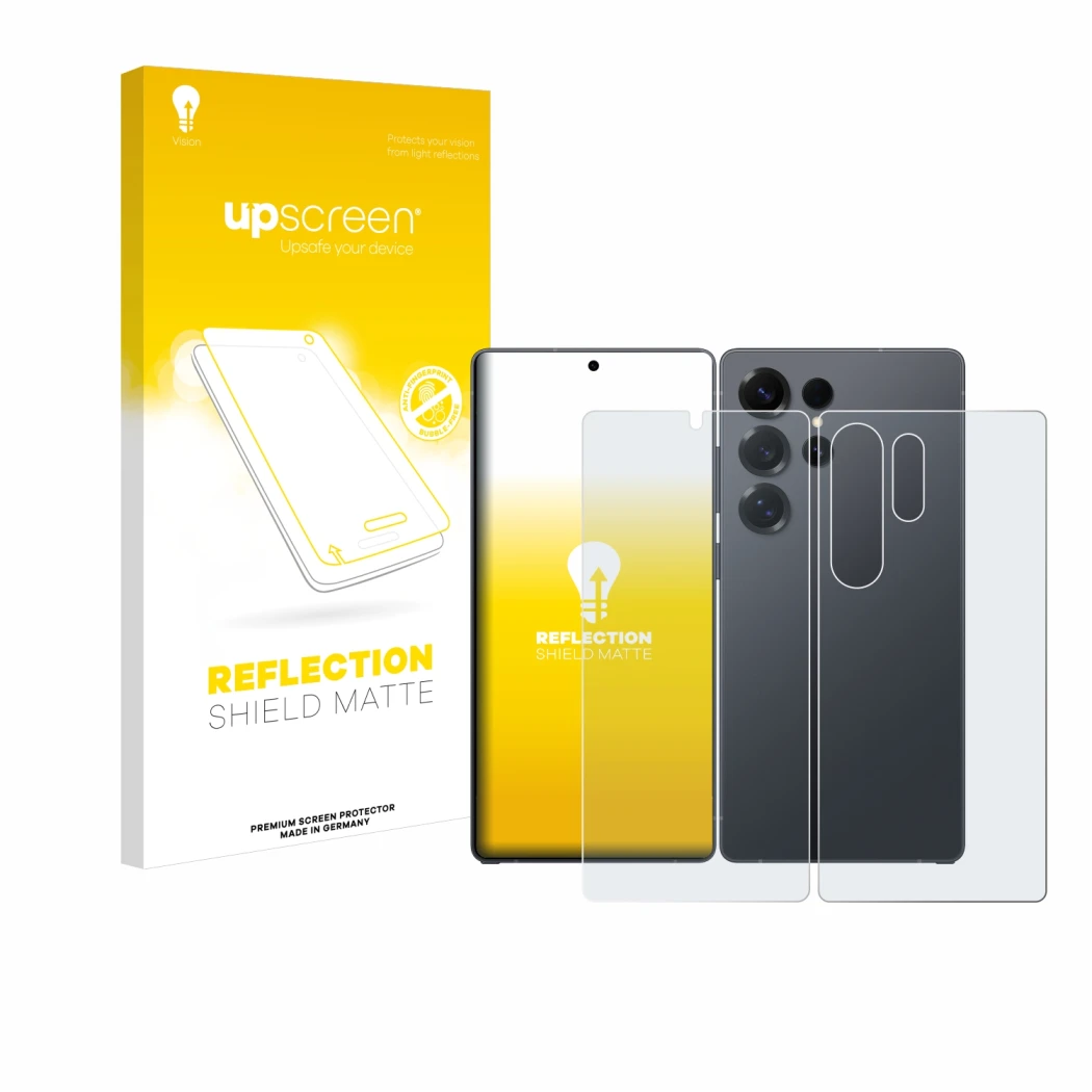 Face avant d’un emballage produit avec le logo de la marque upscreen. À côté, l’appareil Samsung Galaxy S25 Ultra (Avant+Arriè
