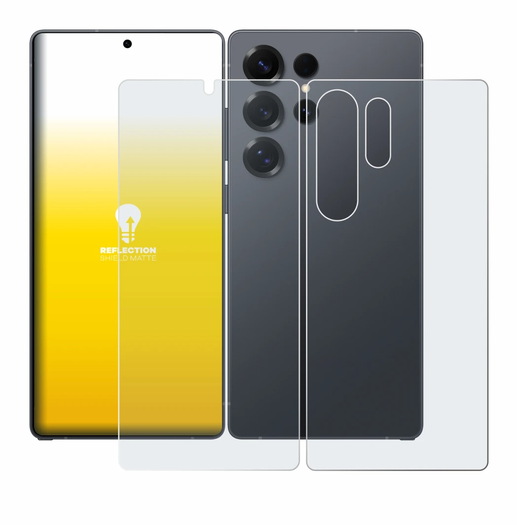 Image de l'appareil Samsung Galaxy S25 Ultra (Avant+Arrière) avec une grande variété de protections d'écran.