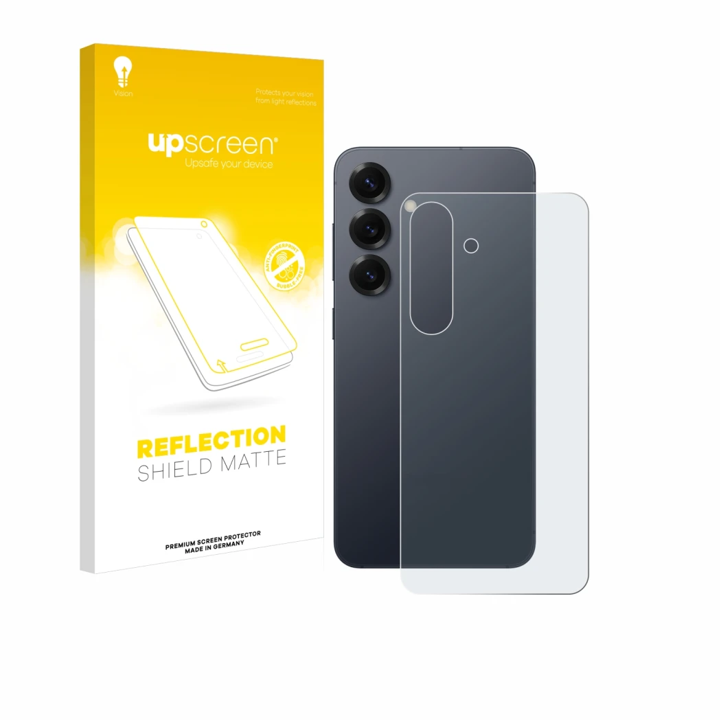 Face avant d’un emballage produit avec le logo de la marque upscreen. À côté, l’appareil Samsung Galaxy S25 (Arrière) est repr