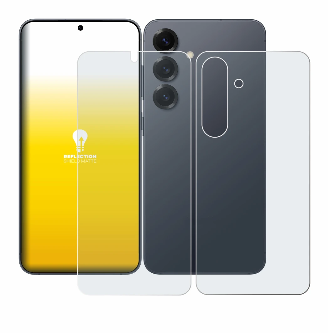 Image de l'appareil Samsung Galaxy S25 (Avant+Arrière) avec une grande variété de protections d'écran.