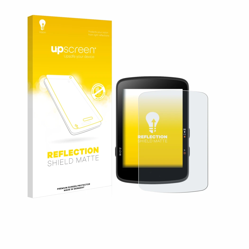 Face avant d’un emballage produit avec le logo de la marque upscreen. À côté, l’appareil Bryton Rider 17 est représenté avec l