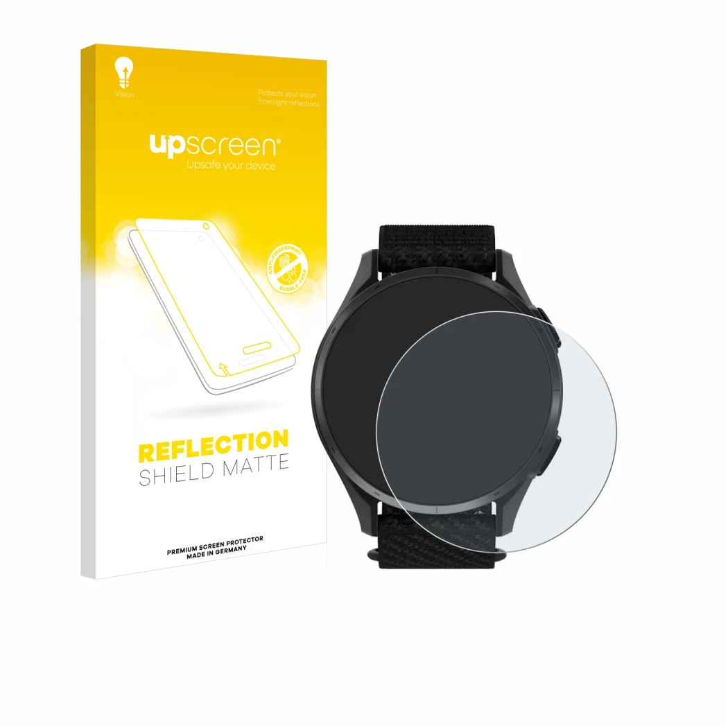 Face avant d’un emballage produit avec le logo de la marque upscreen. À côté, l’appareil Garmin Approach S50 est représenté av