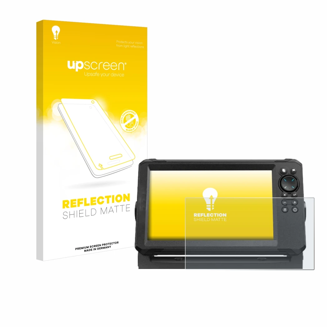 Face avant d’un emballage produit avec le logo de la marque upscreen. À côté, l’appareil Lowrance Eagle 9 est représenté avec