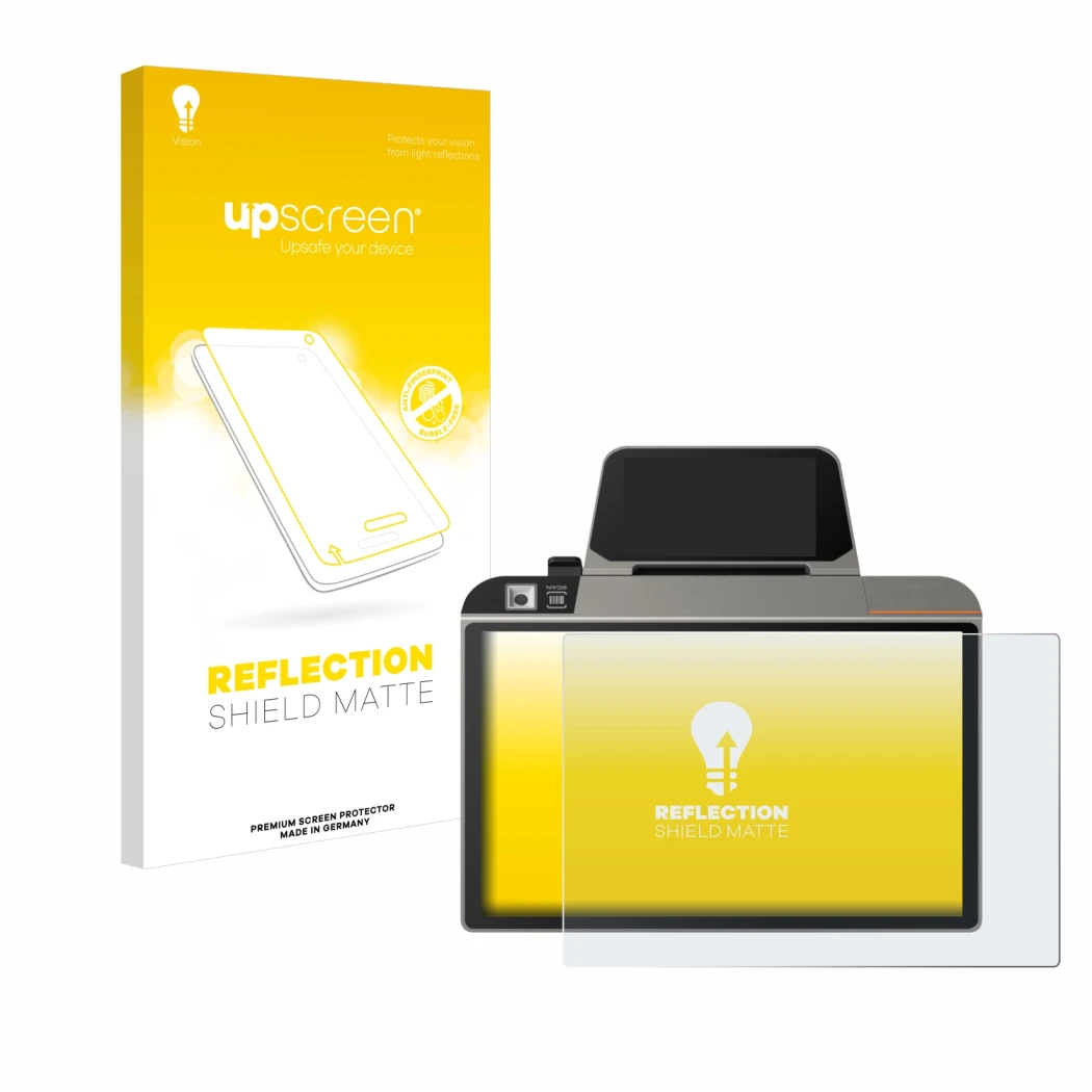 Face avant d’un emballage produit avec le logo de la marque upscreen. À côté, l’appareil Sunmi D3 Mini est représenté avec la