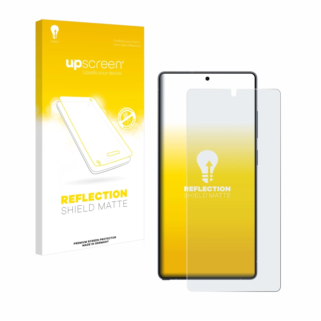 Face avant d’un emballage produit avec le logo de la marque upscreen. À côté, l’appareil Samsung Galaxy S25 Ultra Enterprise E