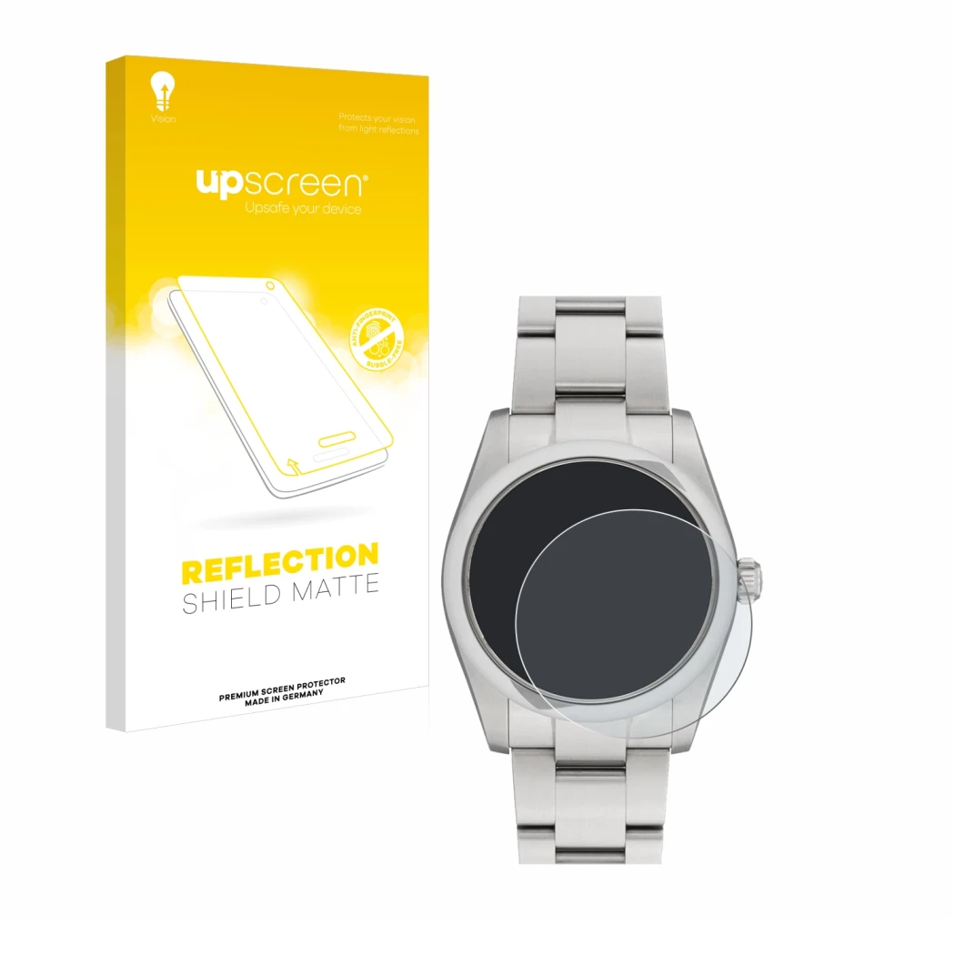 Face avant d’un emballage produit avec le logo de la marque upscreen. À côté, l’appareil Rolex Oyster Perpetual 34 est représe