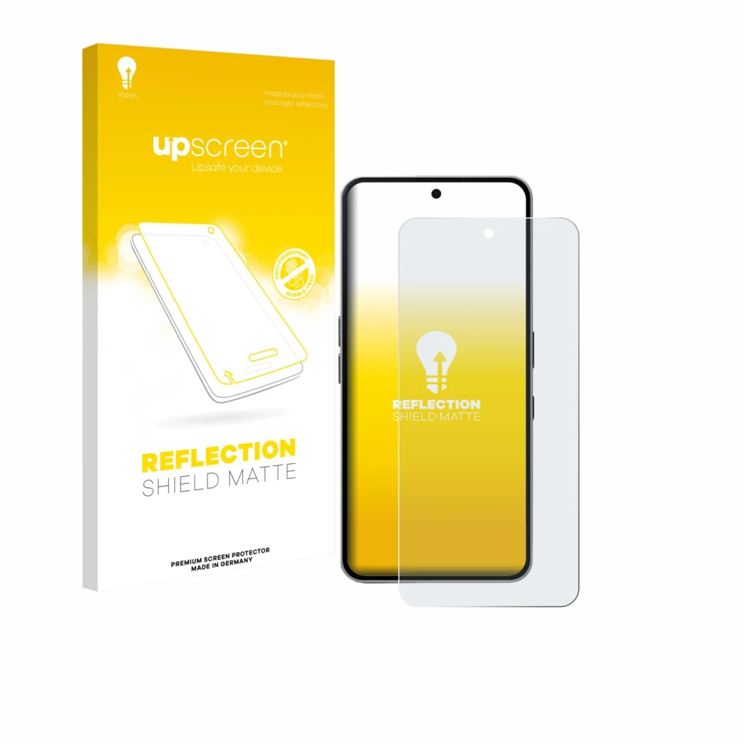 Face avant d’un emballage produit avec le logo de la marque upscreen. À côté, l’appareil Nothing Phone (3a) Pro est représenté