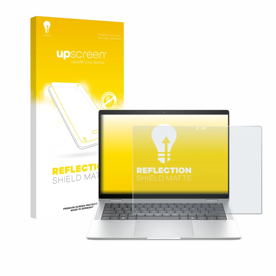 Face avant d’un emballage produit avec le logo de la marque upscreen. À côté, l’appareil HP EliteBook X Flip G1i 14