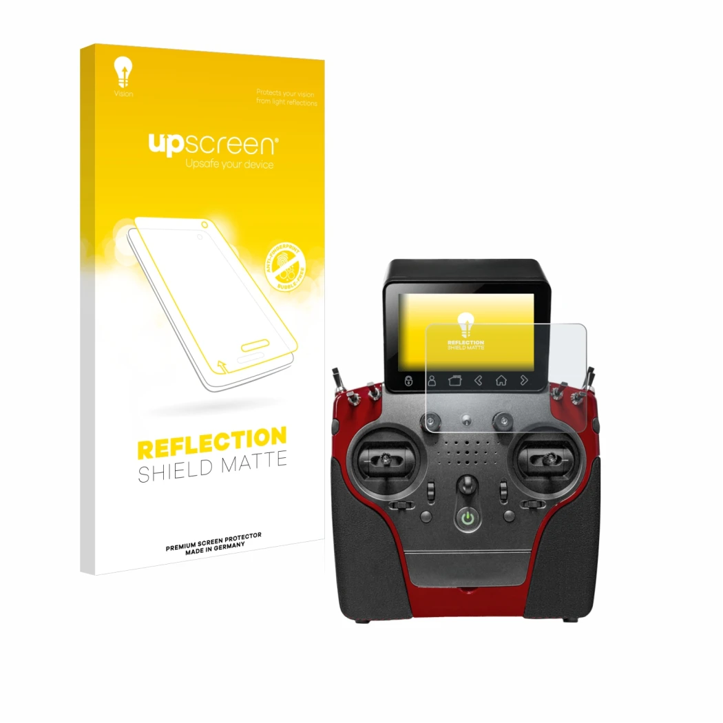 Face avant d’un emballage produit avec le logo de la marque upscreen. À côté, l’appareil PowerBox Systems Atom est représenté 