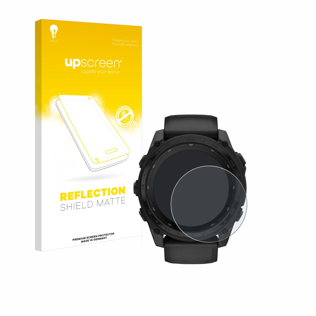 Face avant d’un emballage produit avec le logo de la marque upscreen. À côté, l’appareil Garmin Tactix 8 Solar (51 mm) est rep