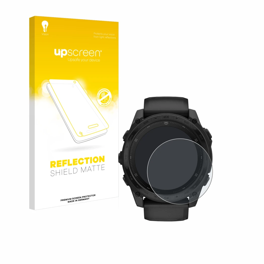 Face avant d’un emballage produit avec le logo de la marque upscreen. À côté, l’appareil Garmin Tactix 8 AMOLED (51 mm) est re