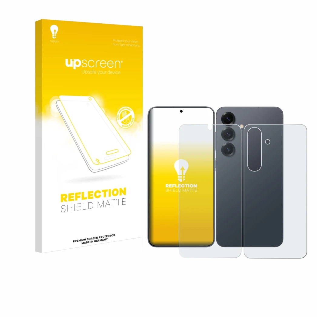Face avant d’un emballage produit avec le logo de la marque upscreen. À côté, l’appareil Samsung Galaxy S25 Enterprise Edition