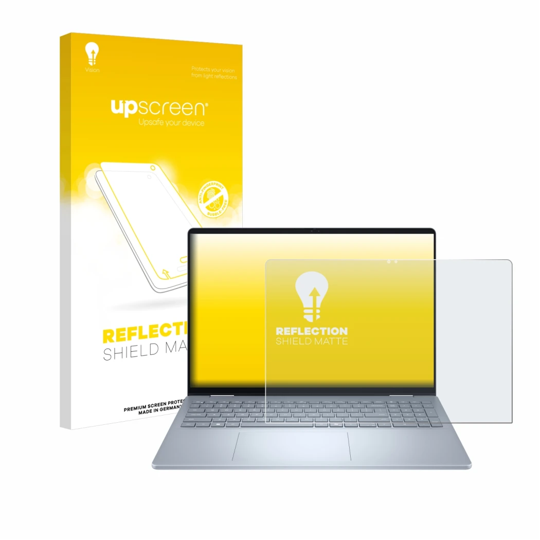 Face avant d’un emballage produit avec le logo de la marque upscreen. À côté, l’appareil Dell 16 Plus-2-in-1 est représenté av