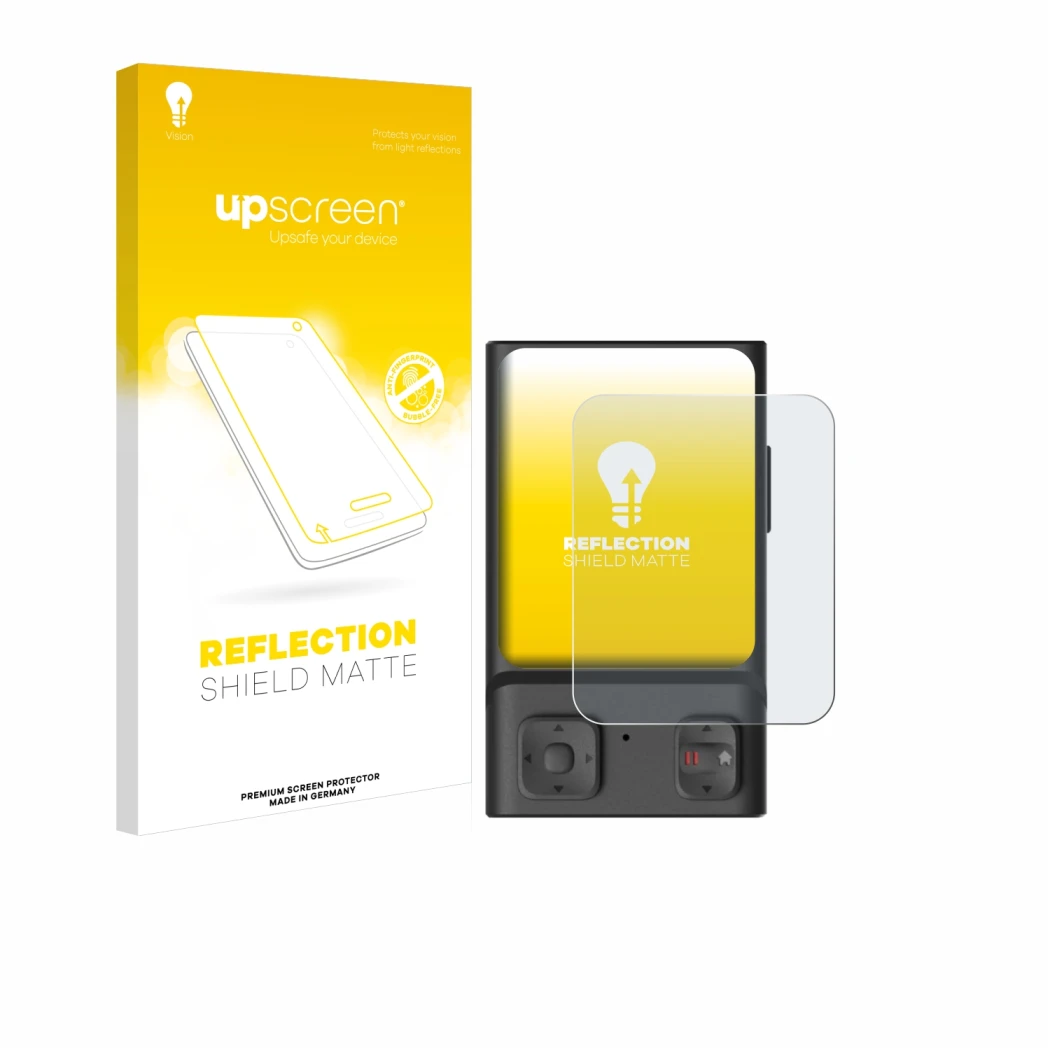 Face avant d’un emballage produit avec le logo de la marque upscreen. À côté, l’appareil Hoverair Beacon est représenté avec l