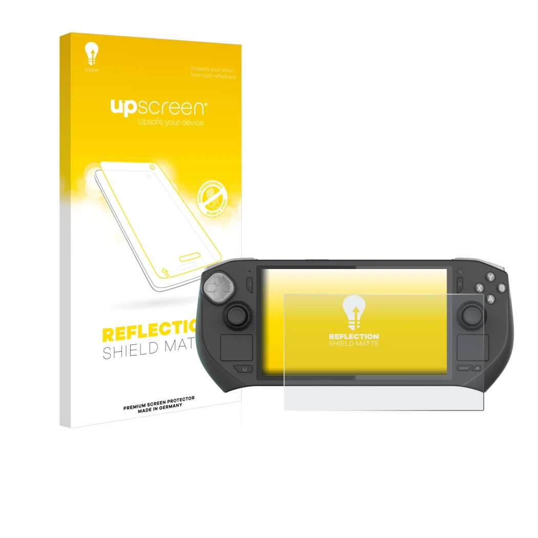 Face avant d’un emballage produit avec le logo de la marque upscreen. À côté, l’appareil Zotac Gaming Zone est représenté avec