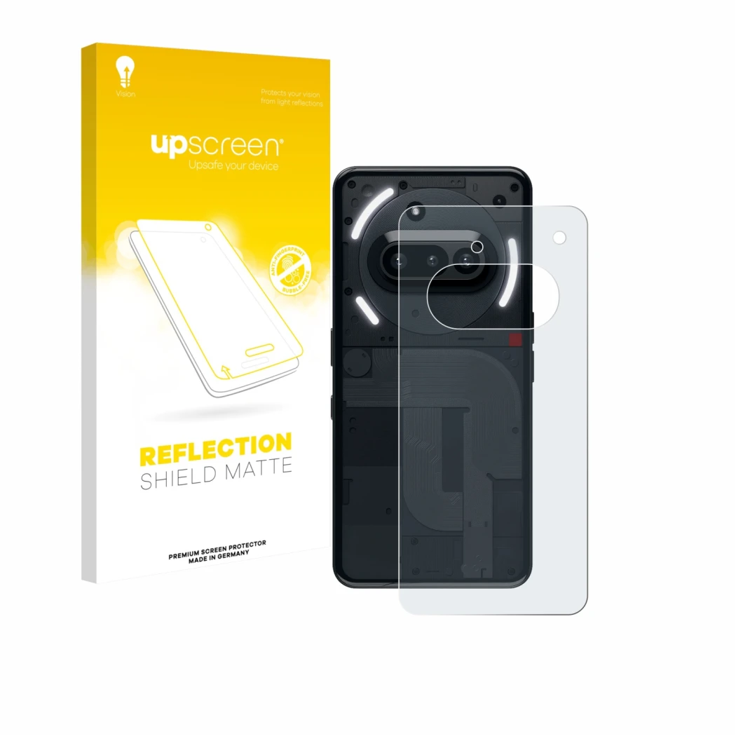 Face avant d’un emballage produit avec le logo de la marque upscreen. À côté, l’appareil Nothing Phone (3a) (Arrière) est repr