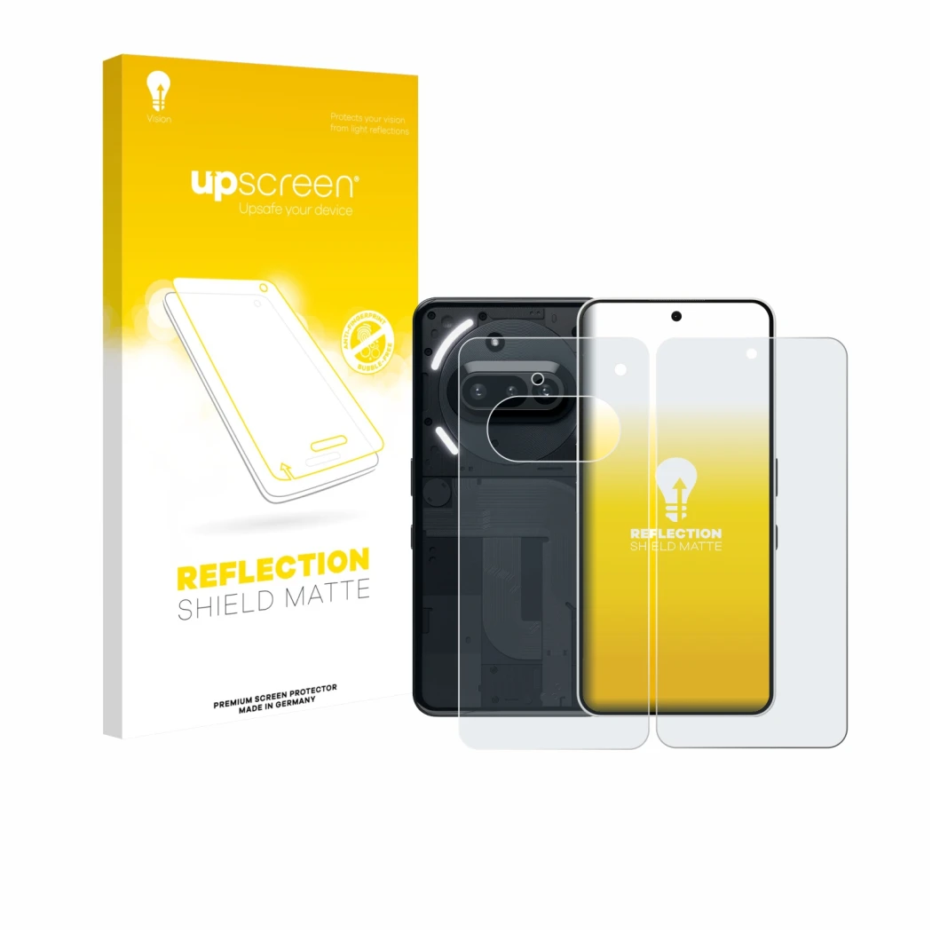 Face avant d’un emballage produit avec le logo de la marque upscreen. À côté, l’appareil Nothing Phone (3a) (Avant+Arrière) es