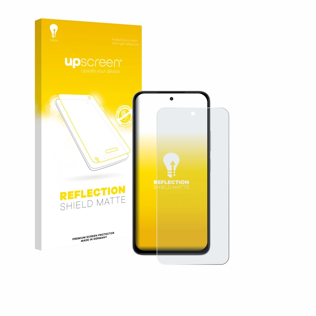 Face avant d’un emballage produit avec le logo de la marque upscreen. À côté, l’appareil Xiaomi Poco M7 est représenté avec la