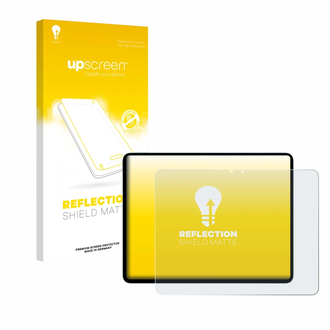 Face avant d’un emballage produit avec le logo de la marque upscreen. À côté, l’appareil Apple iPad Air 13