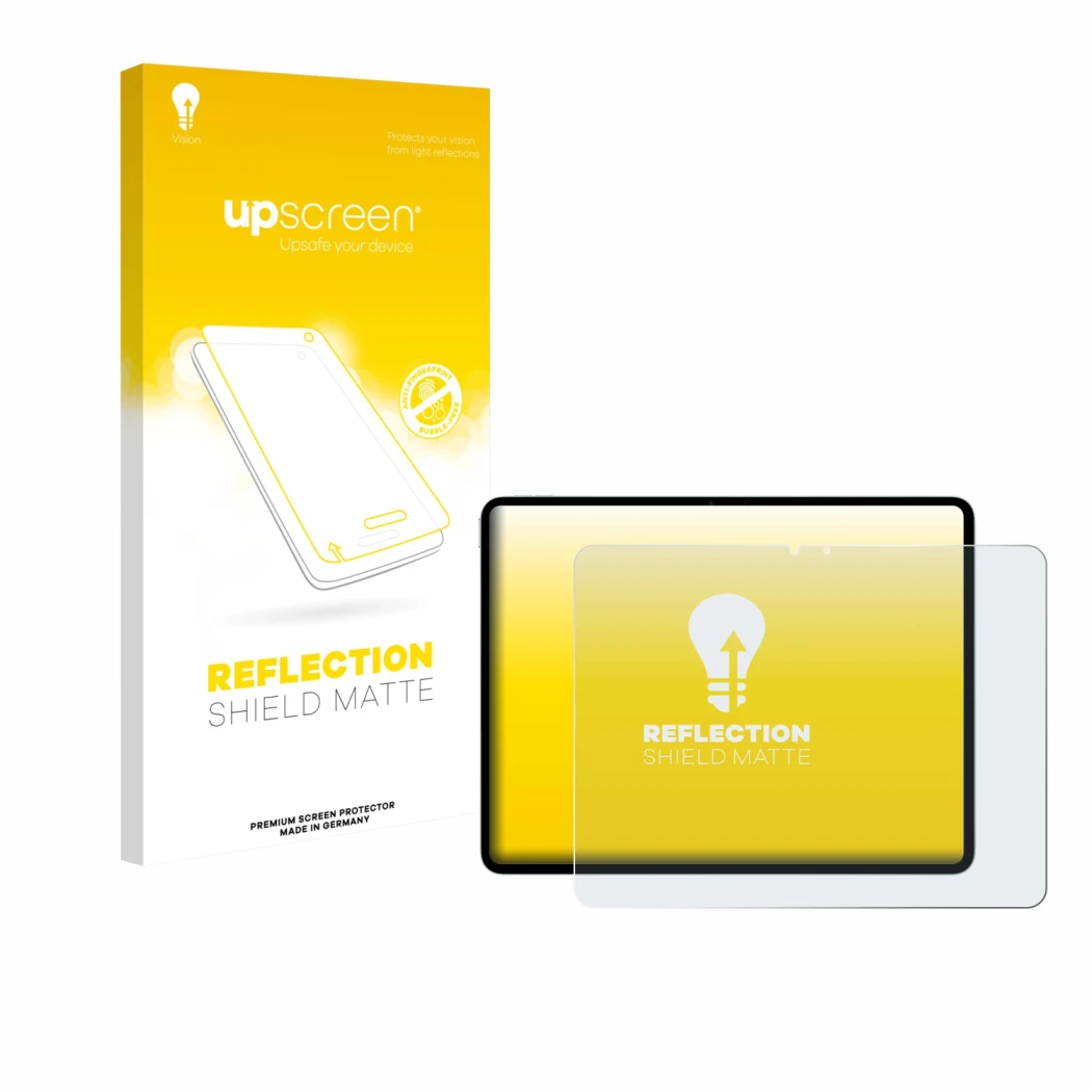 Face avant d’un emballage produit avec le logo de la marque upscreen. À côté, l’appareil Apple iPad Air 13