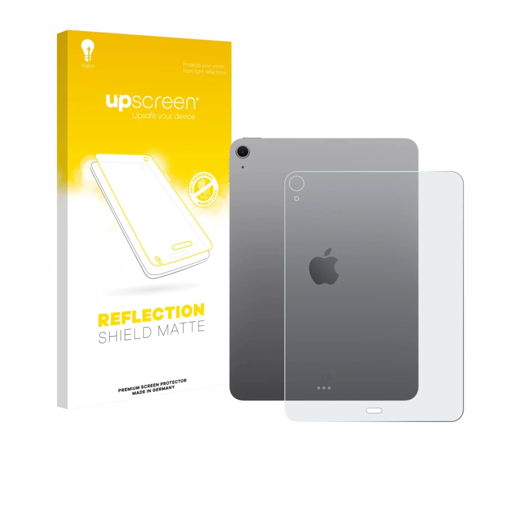 Face avant d’un emballage produit avec le logo de la marque upscreen. À côté, l’appareil Apple iPad Air 11