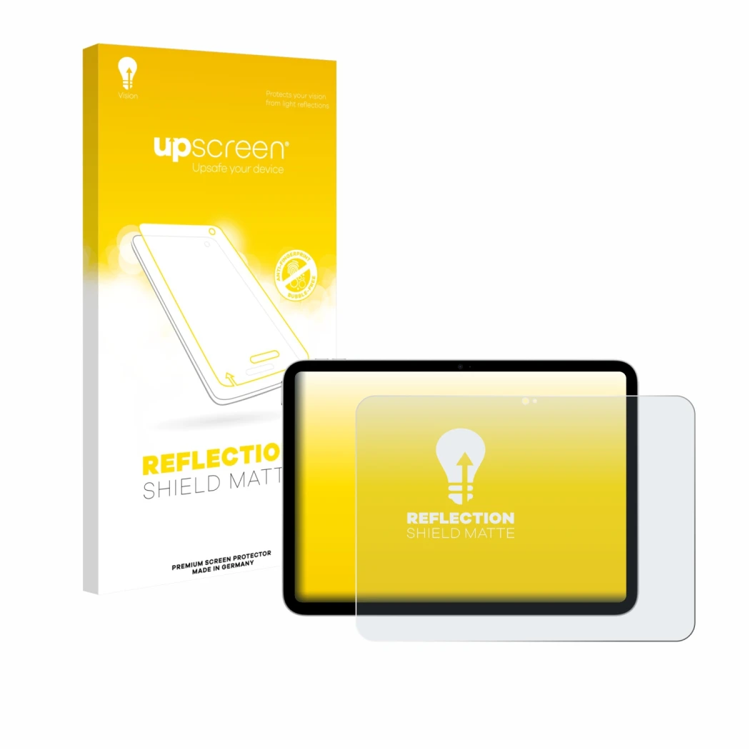 Face avant d’un emballage produit avec le logo de la marque upscreen. À côté, l’appareil Apple iPad A16 11