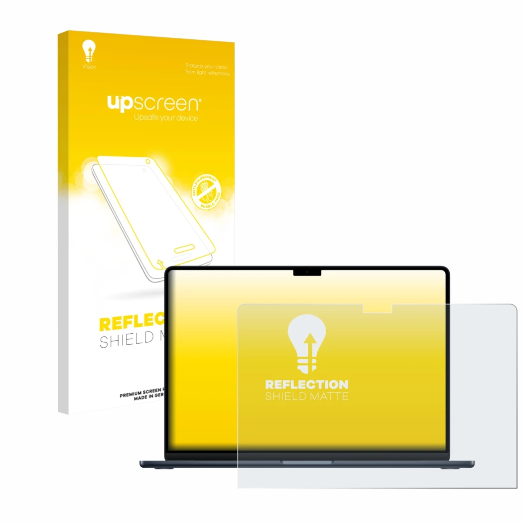 Face avant d’un emballage produit avec le logo de la marque upscreen. À côté, l’appareil Apple MacBook Air 15