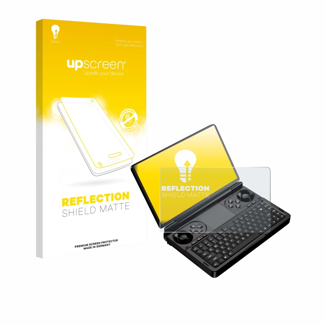 Face avant d’un emballage produit avec le logo de la marque upscreen. À côté, l’appareil GPD Win Mini (2025) est représenté av