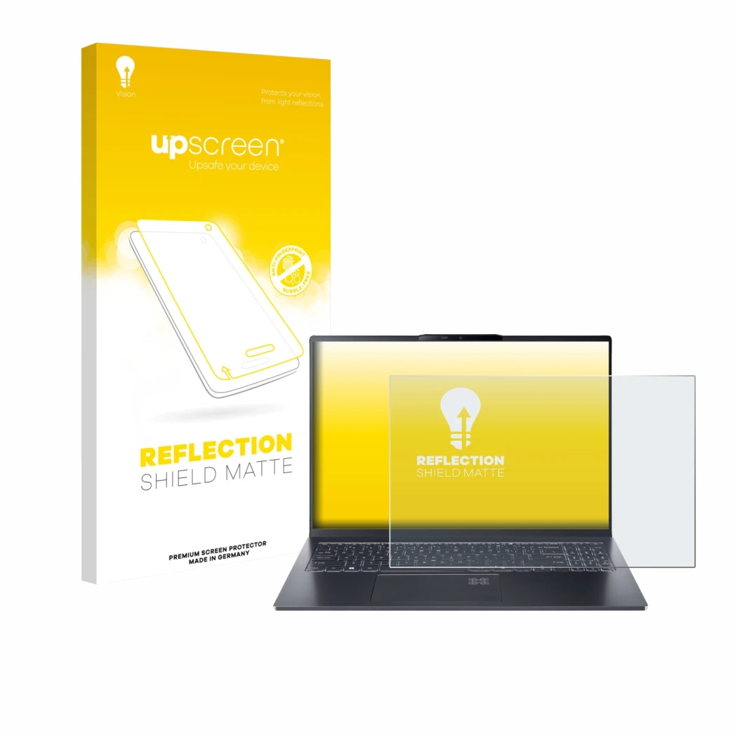Face avant d’un emballage produit avec le logo de la marque upscreen. À côté, l’appareil Acer Swift Go 16 AI est représenté av