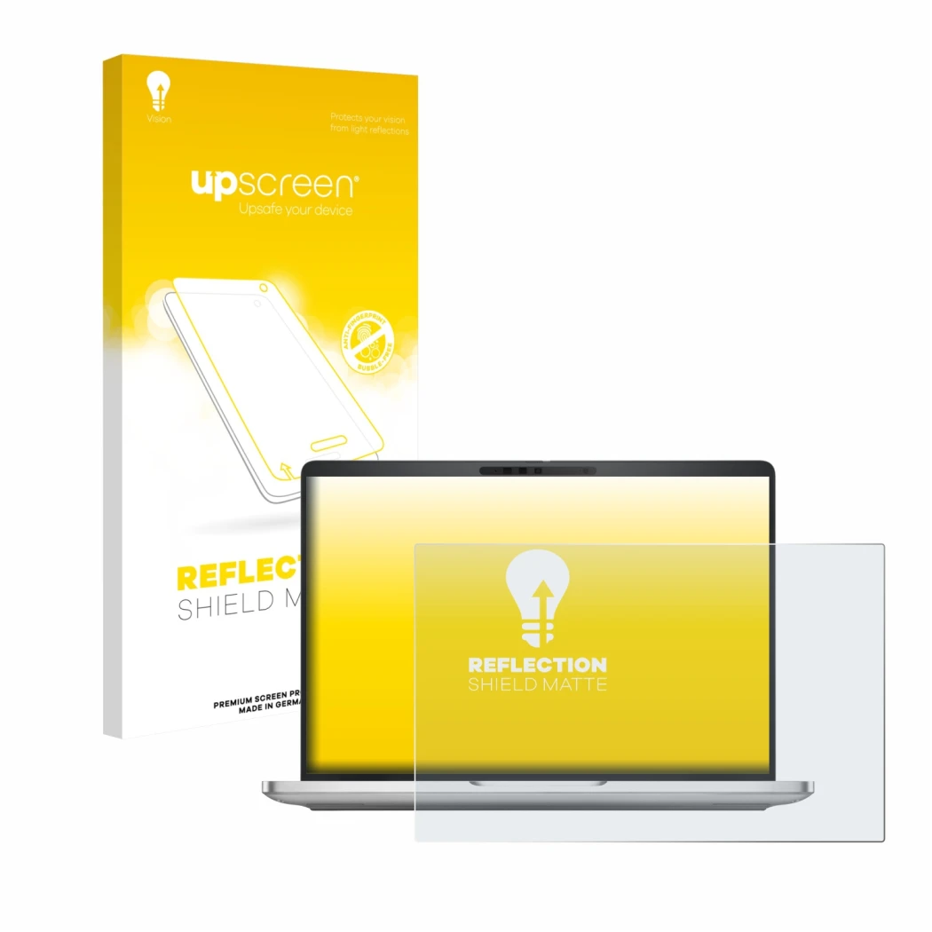 Face avant d’un emballage produit avec le logo de la marque upscreen. À côté, l’appareil Dell Pro 13 Plus Laptop PB13250 est r