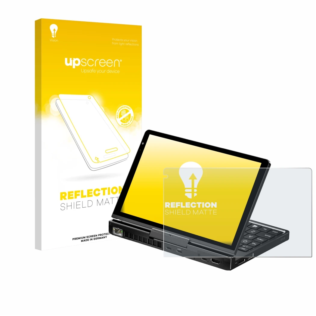 Face avant d’un emballage produit avec le logo de la marque upscreen. À côté, l’appareil GPD Pocket 4 est représenté avec la p