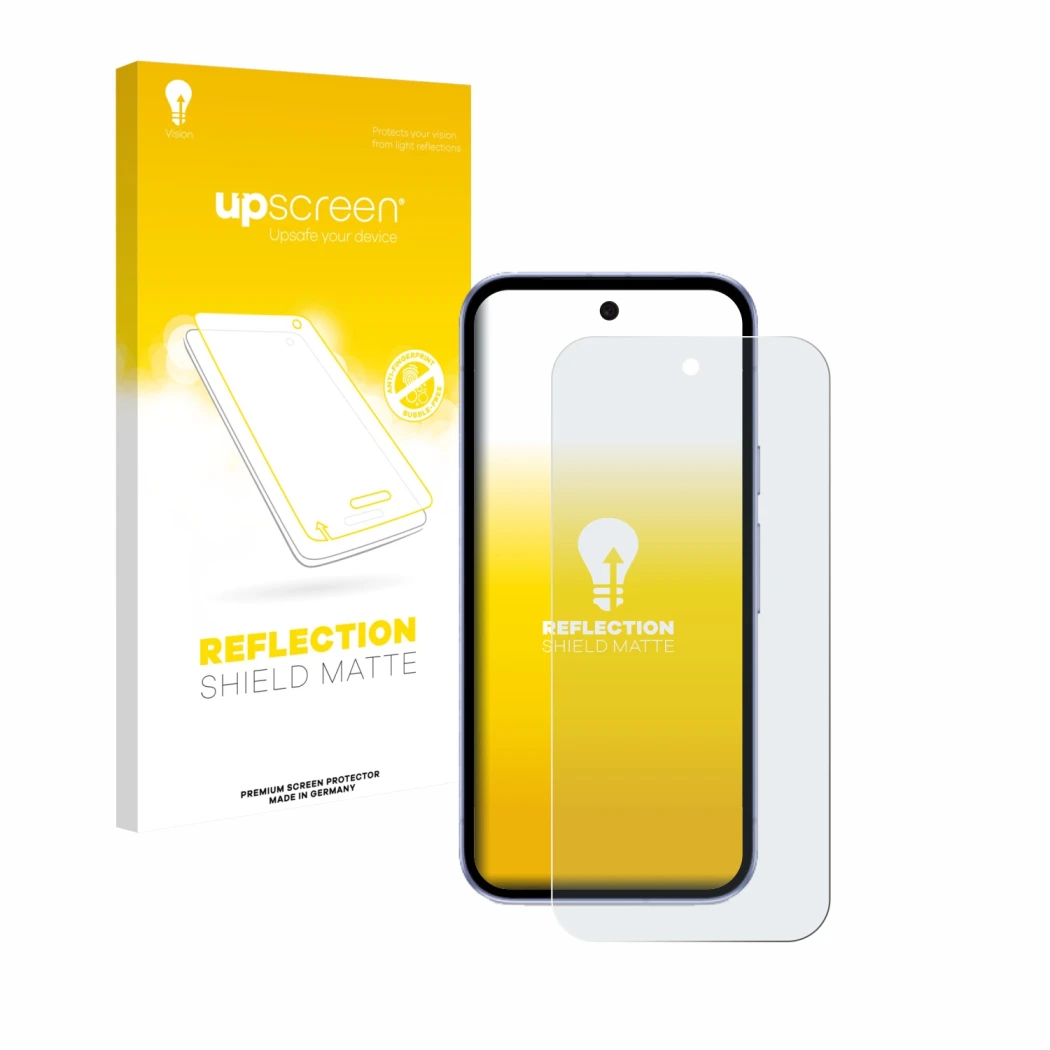 Face avant d’un emballage produit avec le logo de la marque upscreen. À côté, l’appareil Google Pixel 9a est représenté avec l